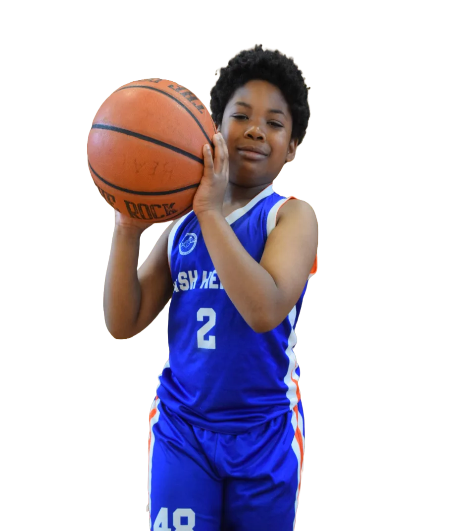 Child with basketball held up
