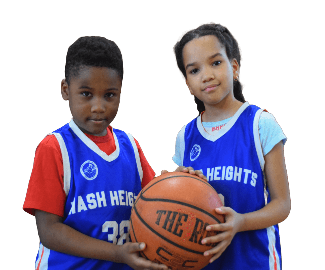 Girl and boy holding basketball